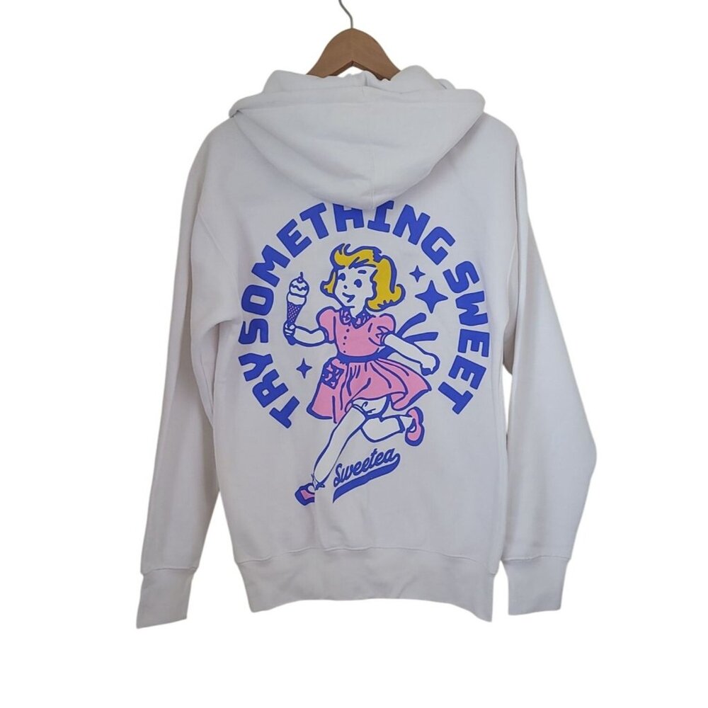 Sweetea Try Something Sweet Graphic White Hoodie Pullover Unisex Sz S - Picture 1 of 6